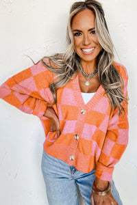 Checkered Drop Shoulder Buttoned V Neck Cardigan - KaleaBoutique.com
