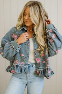 Floral Print Raw Seam Ruffle Hem Denim Jacket - KaleaBoutique.com