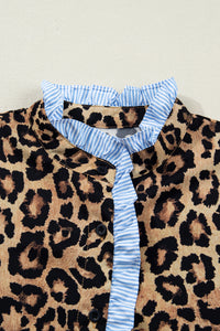Stylish KaleaBoutique Wild Leopard Print Contrast Striped Frilled Trim Chic Shirt - KaleaBoutique.com