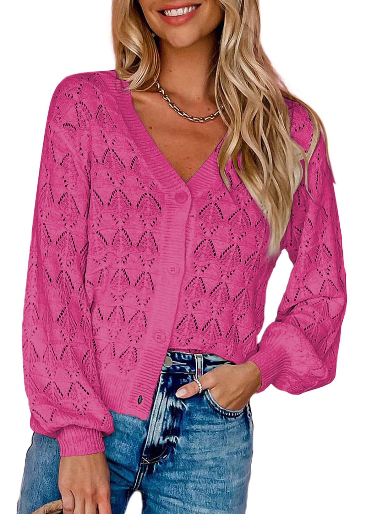 Women's Openwork V-Neck Button-Front Balloon-Sleeve Cardigan - KaleaBoutique.com
