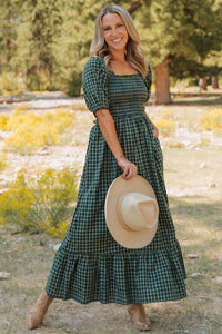 KaleaBoutique Comfortable Plaid Square Neck Shirred High Waist Ruffle Hem Dress - KaleaBoutique.com