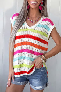 KaleaBoutique Stylish Striped Eyelet Knit V Neck Sweater Tee - KaleaBoutique.com