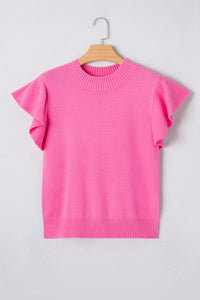 KaleaBoutique Stylish Solid Color Ribbed Trim Round Neck Ruffle Short Sleeve Sweater - KaleaBoutique.com