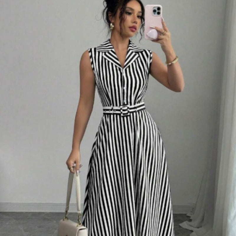 Women's Striped Sleeveless Collared Belted Midi Dress - KaleaBoutique.com