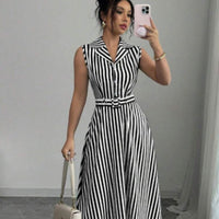 Women's Striped Sleeveless Collared Belted Midi Dress - KaleaBoutique.com