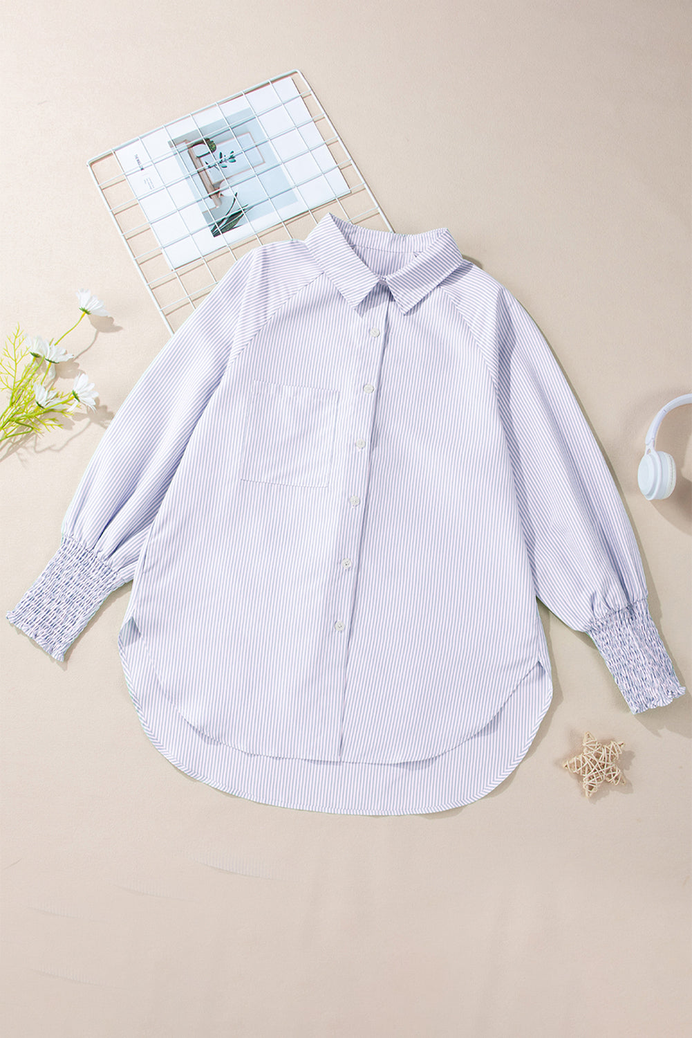 KaleaBoutique Stylish Striped Shirred Cuff Buttoned Loose Fit Shirt - KaleaBoutique.com