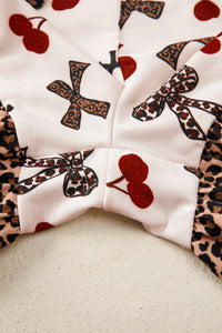 KaleaBoutique Stylish Chic Bow Cherry Printed Leopard Contrast Patchwork Shirt Drawstring Shorts 2pcs PJ Set - KaleaBoutique.com