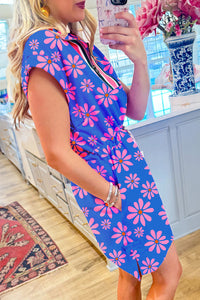 Floral Striped Quarter Zip Cap Sleeve Drawstring Waist Mini Dress - KaleaBoutique.com