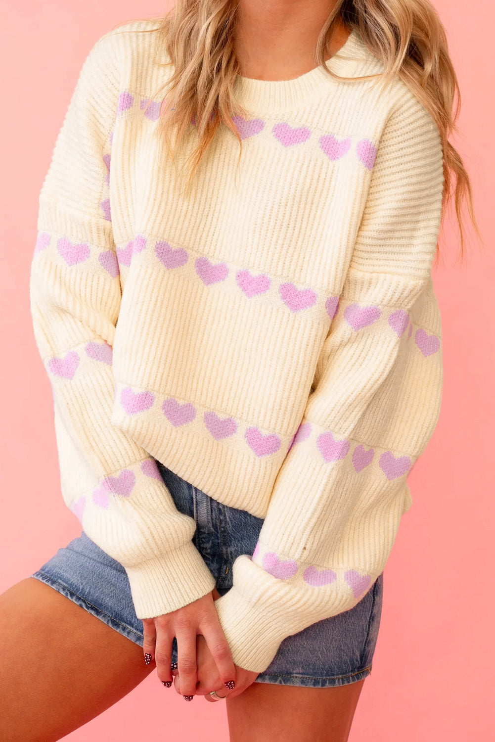 Heart Pattern Valentine Ribbed Knit Sweater - KaleaBoutique.com