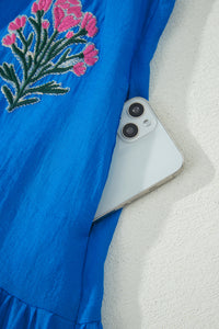 KaleaBoutique Stylish Flower Embroidered Split Neck Short Puff Sleeve Ruffle Hem Dress - KaleaBoutique.com