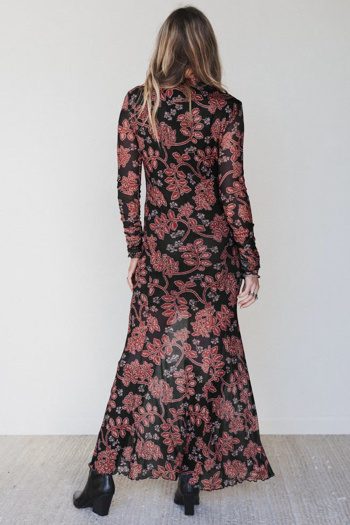 KaleaBoutique Stylish Retro Floral Print Long Sleeve Casual Mesh Dress - KaleaBoutique.com