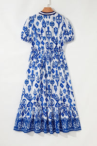 KaleaBoutique Stylish Floral Puff Short Sleeve V Neck High Waist Maxi Dress - KaleaBoutique.com