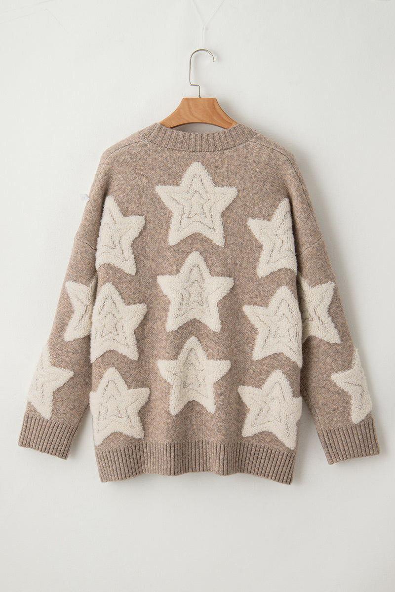 KaleBoutique Stylish Sherpa Star Pattern Textured Sweater Cardigan with Pockets - KaleaBoutique.com