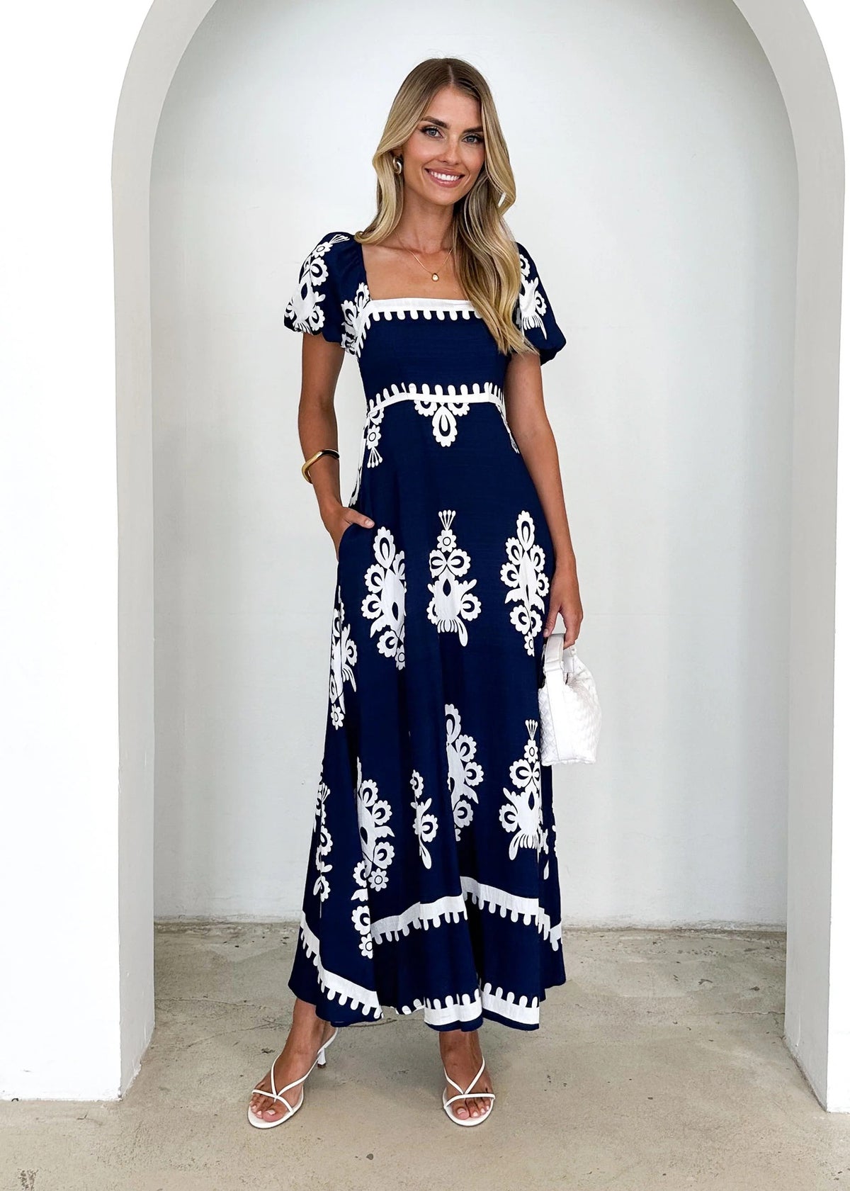 Women's Navy Printed Square-Neck Puff-Sleeve Maxi Dress - KaleaBoutique.com