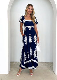 Women's Navy Printed Square-Neck Puff-Sleeve Maxi Dress - KaleaBoutique.com
