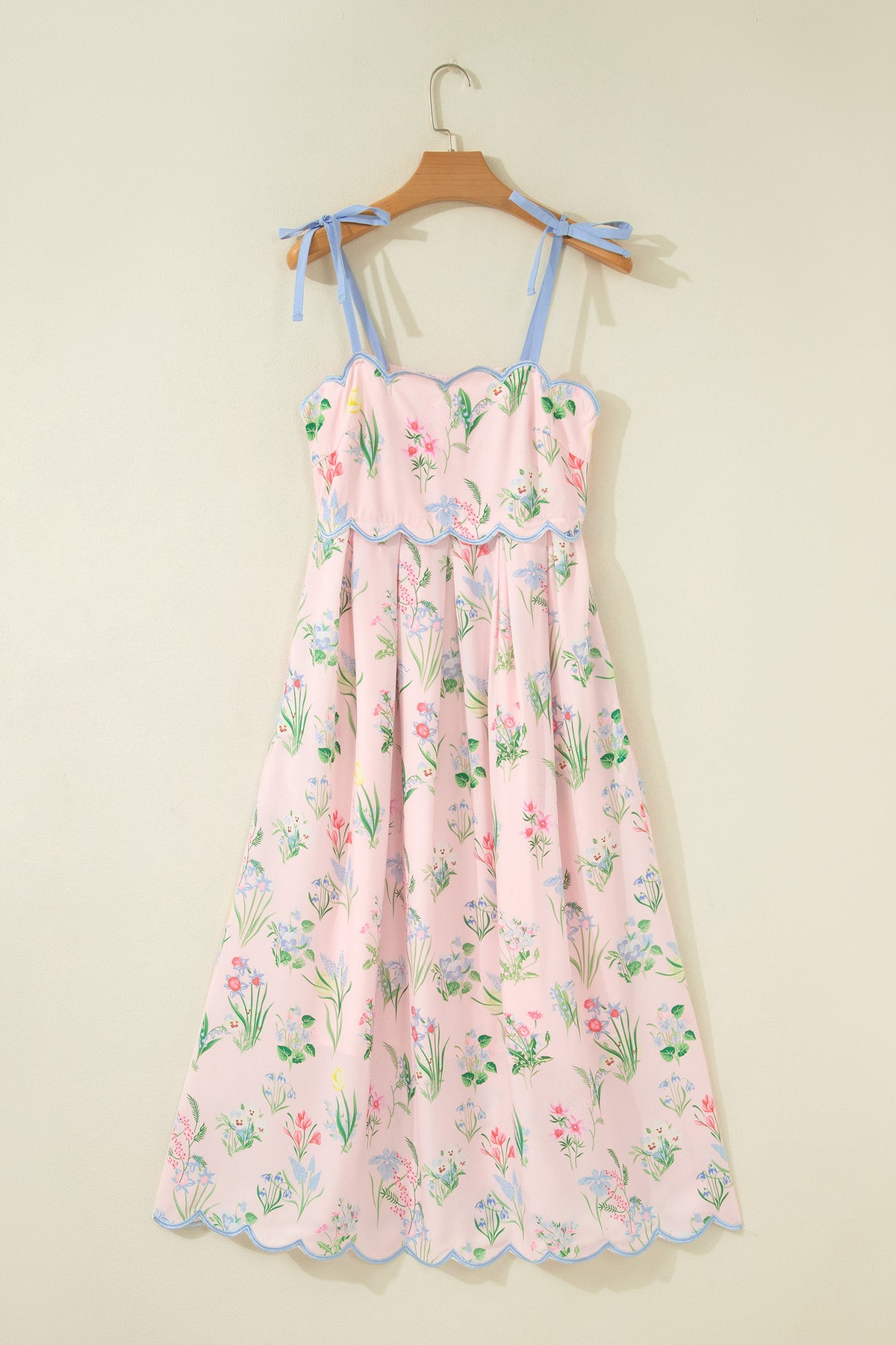 KaleaBoutique Stylish Floral Print Contrast Trim Self-tie Straps High Waist Midi Dress - KaleaBoutique.com