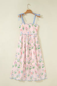 KaleaBoutique Stylish Floral Print Contrast Trim Self-tie Straps High Waist Midi Dress - KaleaBoutique.com