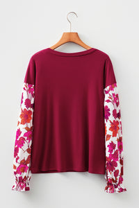 Contrast Floral Sleeve Solid Ribbed Body Patchwork Long Sleeve Top - KaleaBoutique.com