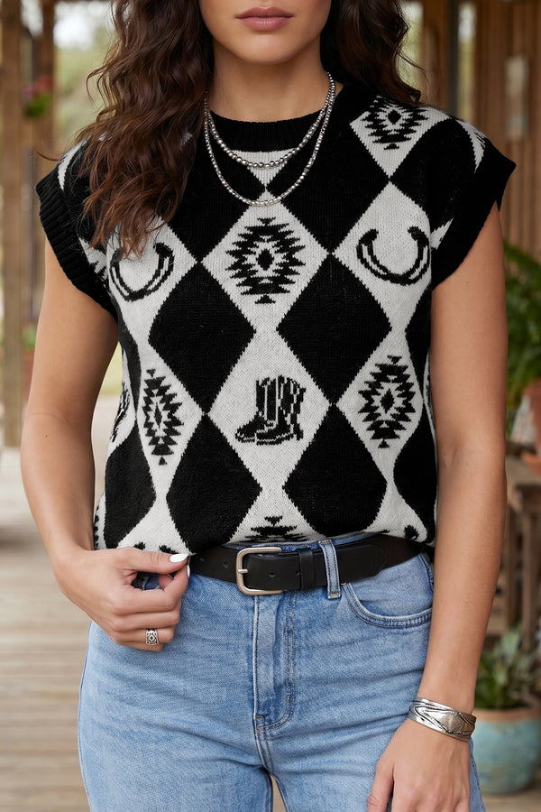 KaleaBoutique Stylish Retro Rhombus Western Print Drop Shoulder Short Sleeve Sweater - KaleaBoutique.com