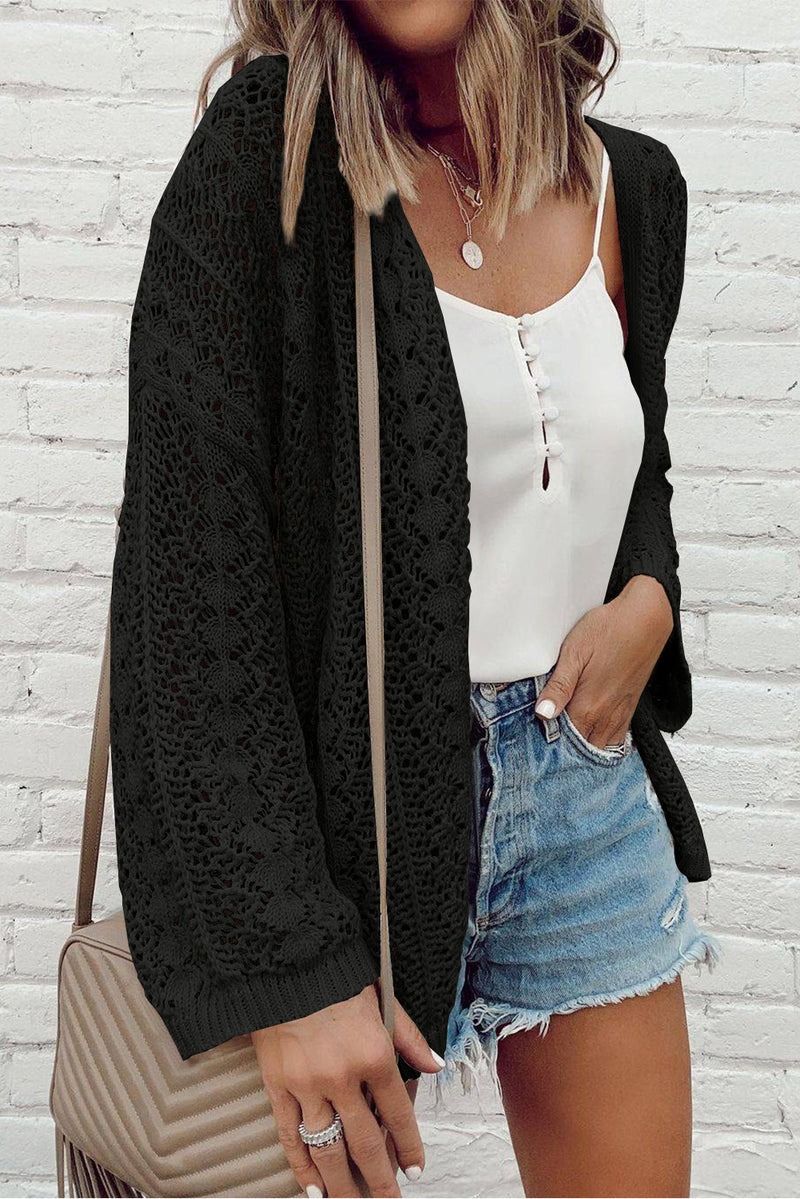 Hollow Out Knit Drop Shoulder Open Front Cardigan - KaleaBoutique.com