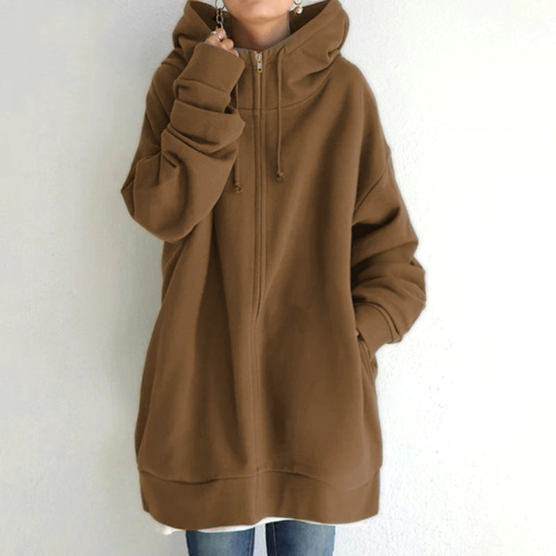 Women's Longline Full-Zip Drawstring Hoodie with Pockets - KaleaBoutique.com