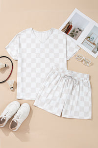 KaleaBoutique Stylish Checkered V Neck Tee Drawstring Shorts Lounge Set - KaleaBoutique.com
