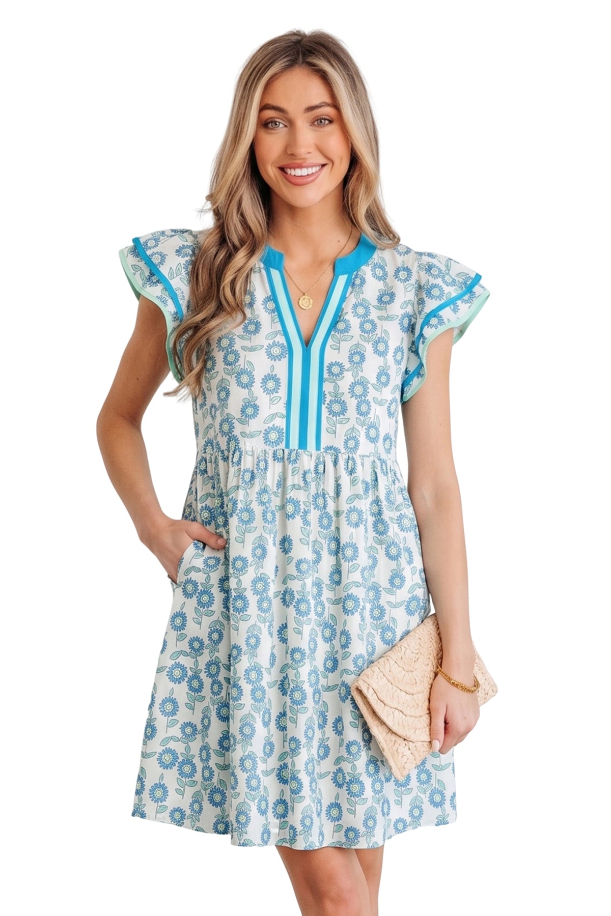 KaleaBoutique Stylish Floral Print Contrast Trim Flutter Sleeve Mini Dress - KaleaBoutique.com