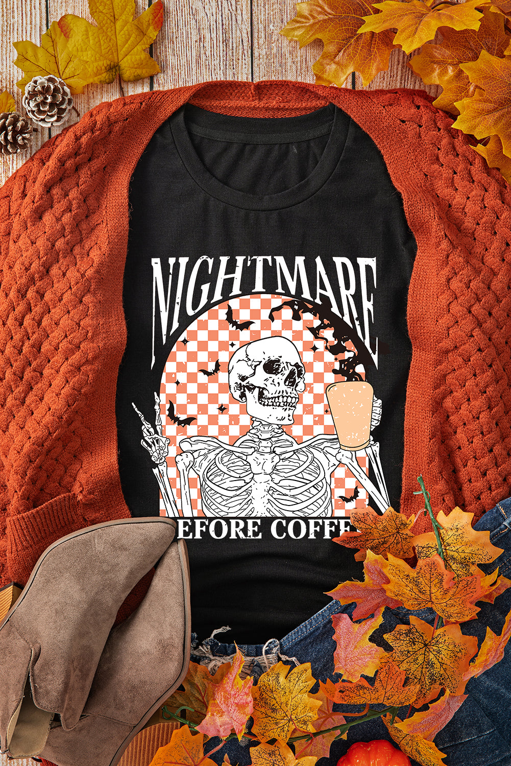 Black Nightmare Before Coffee Skull Checkerboard Halloween Tee - KaleaBoutique.com