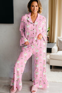 KaleaBoutique Stylish Christmas Print Ruffled Ribbed Shirt & Pants 2 Piece PJ Set - KaleaBoutique.com