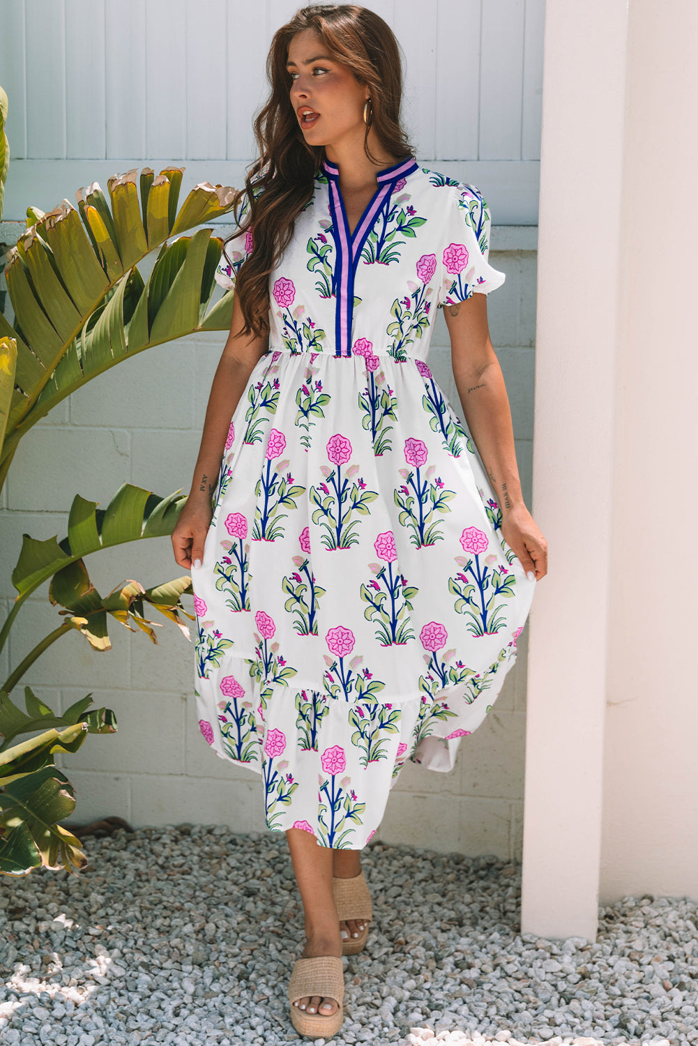 Floral Puff Short Sleeve V Neck High Waist Maxi Dress - KaleaBoutique.com