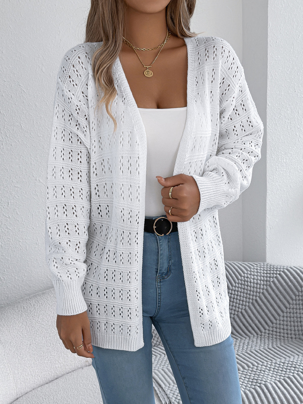Women's Openwork Open-Front Longline Balloon-Sleeve Cardigan - KaleaBoutique.com