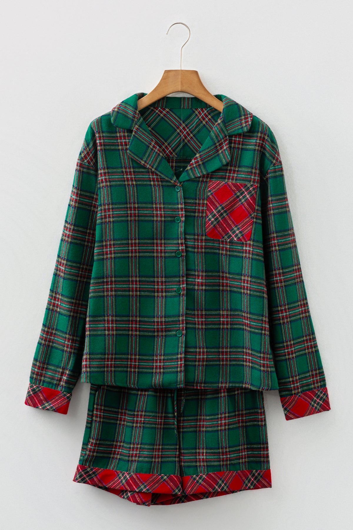 KaleaBoutique Comfortable Plaid Contrast Patched Christmas Holiday Long Sleeve Shirt and Short 2pcs Pajama Set - KaleaBoutique.com
