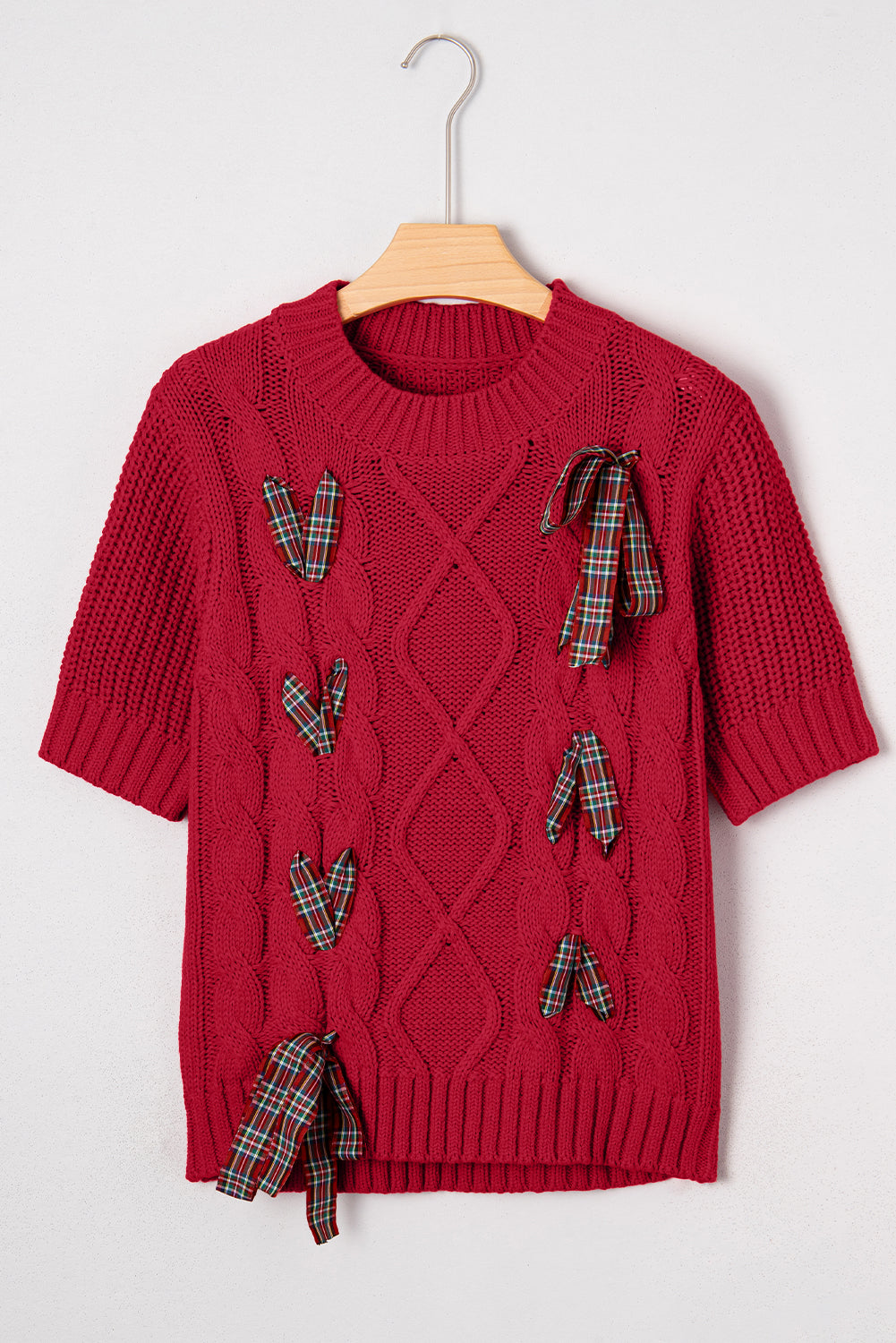 KaleaBoutique Comfortable Plaid Lace up Detail Christmas Holiday Puff Short Sleeve Sweater - KaleaBoutique.com