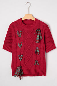 KaleaBoutique Comfortable Plaid Lace up Detail Christmas Holiday Puff Short Sleeve Sweater - KaleaBoutique.com