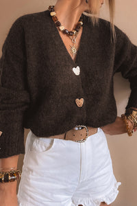 KaleaBoutique Comfortable Heart Metal Button V Neck Cardigan Sweater - KaleaBoutique.com