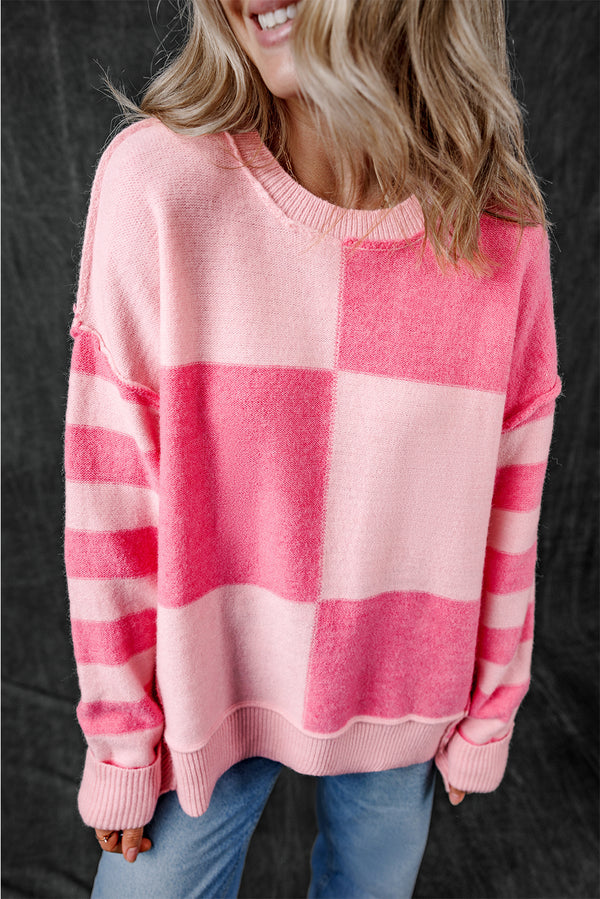 KaleaBoutique Checkered Colorblock Striped High Low Loose Sweater - KaleaBoutique.com
