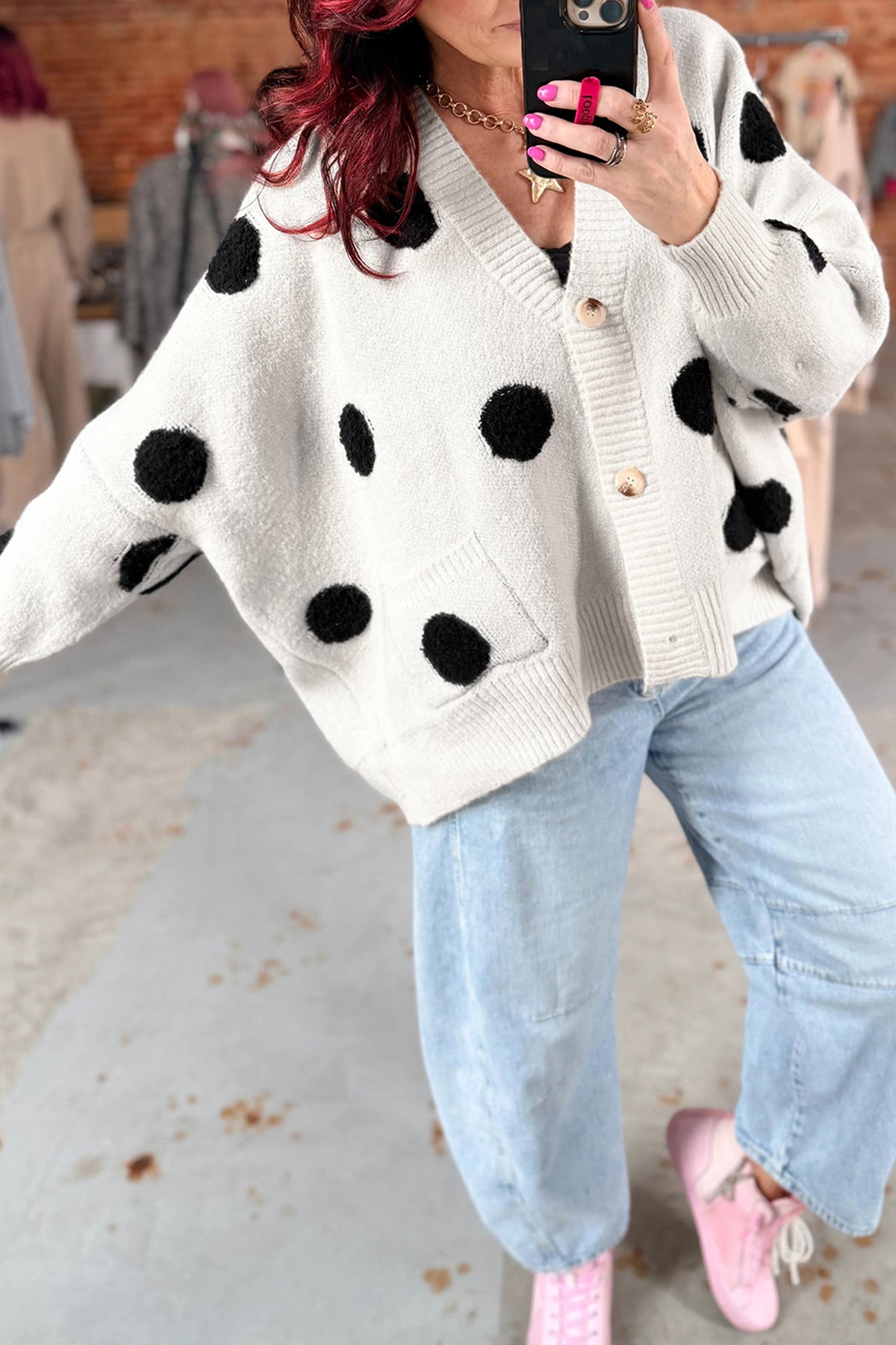 KaleaBoutique Stylish Polka Dot Button Front Oversized V Neck Cardigan - KaleaBoutique.com