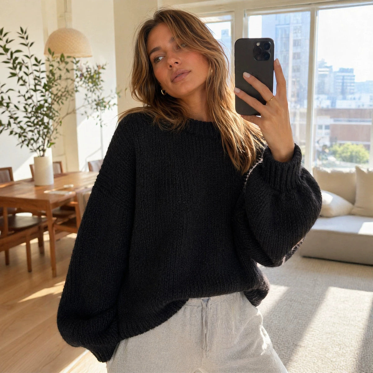 Women's Round-Neck Balloon-Sleeve Loose Fit Pullover Sweater - KaleaBoutique.com