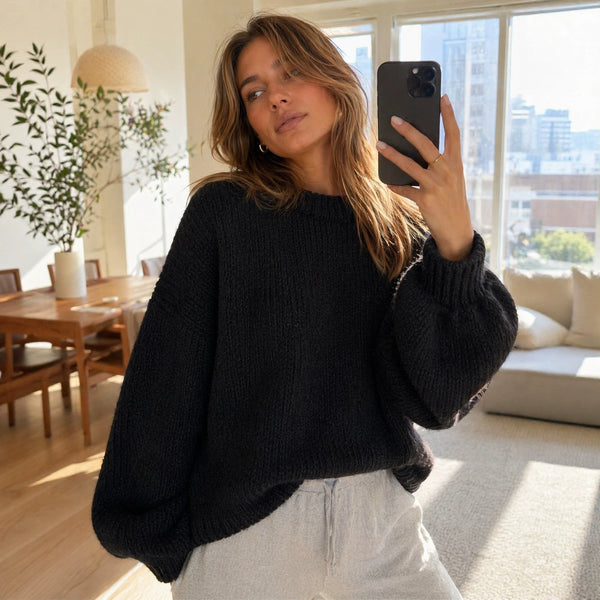 Women's Round-Neck Balloon-Sleeve Loose Fit Pullover Sweater - KaleaBoutique.com