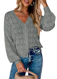 Women's Openwork V-Neck Button-Front Balloon-Sleeve Cardigan - KaleaBoutique.com