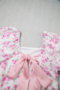 KaleaBoutique Stylish Floral Print Square Neck Ribbon Knot Back Cute Mini Dress - KaleaBoutique.com