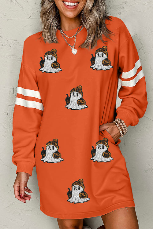 Orange Sequin Ghost Halloween Sweatshirt Dress with Varsity Stripe Sleeves & Pockets - KaleaBoutique.com