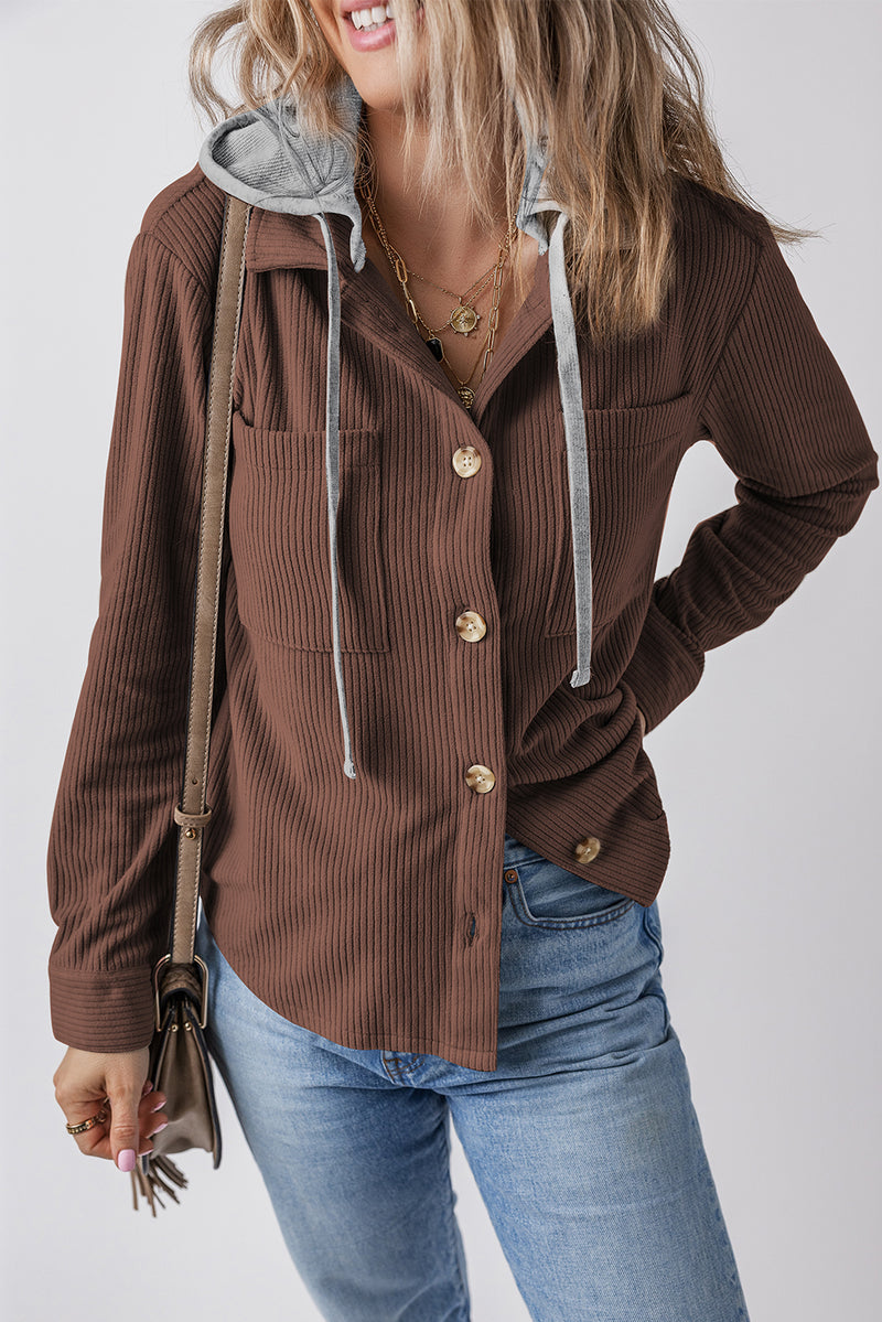 KaleaBoutique Hooded Drawstring Pockets Corduroy Shacket - KaleaBoutique.com