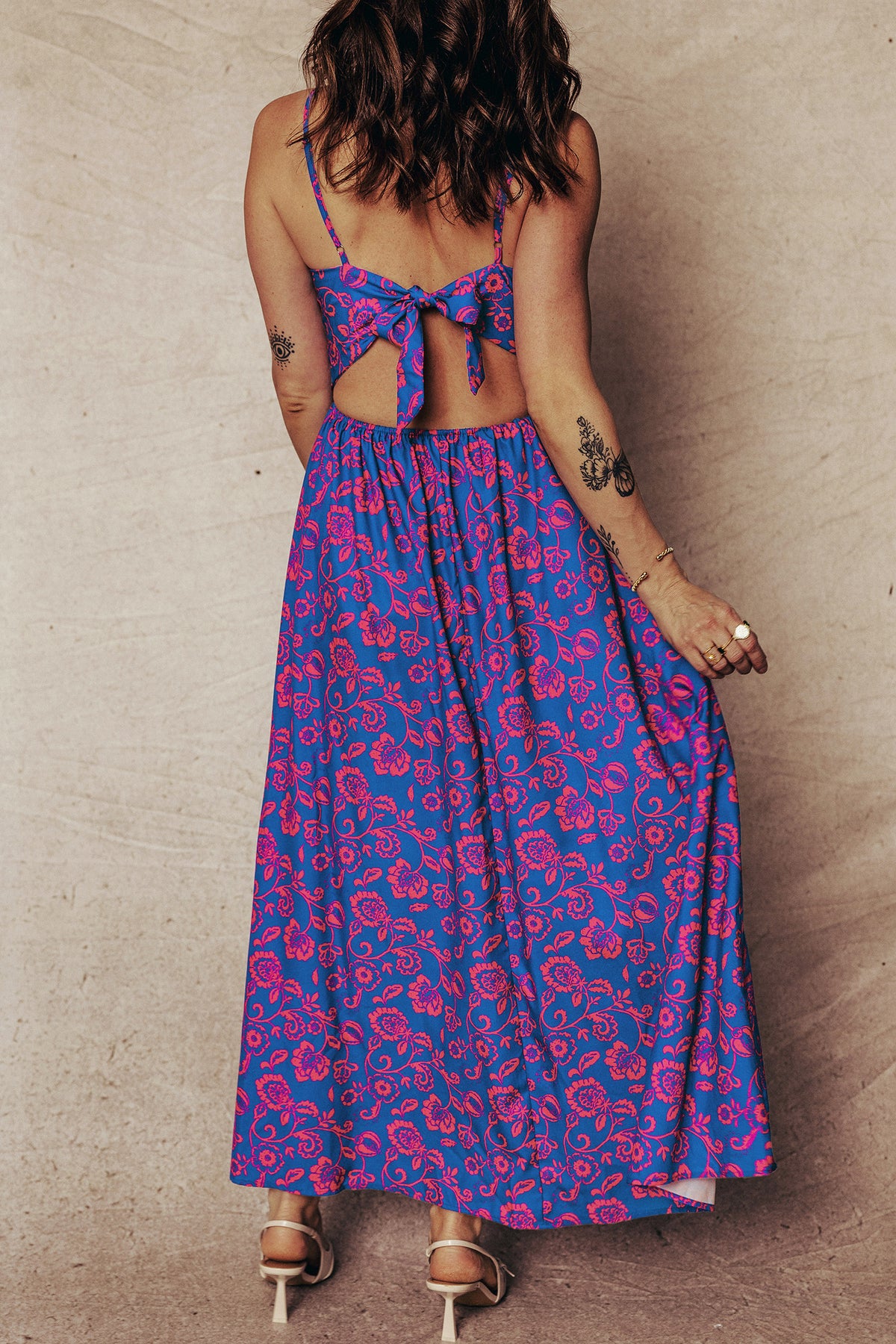 KaleaBoutique Stylish Floral Print Twisted V Neck Tied Backless Maxi Dress - KaleaBoutique.com