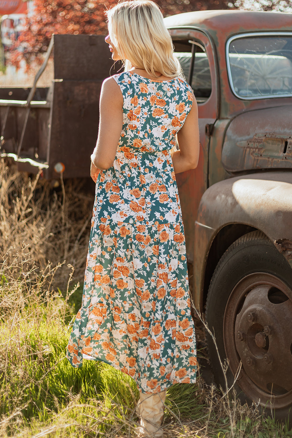 KaleaBoutique Stylish Floral Print Trimmed V Neck Tie Waist Sleeveless Holiday Long Dress - KaleaBoutique.com