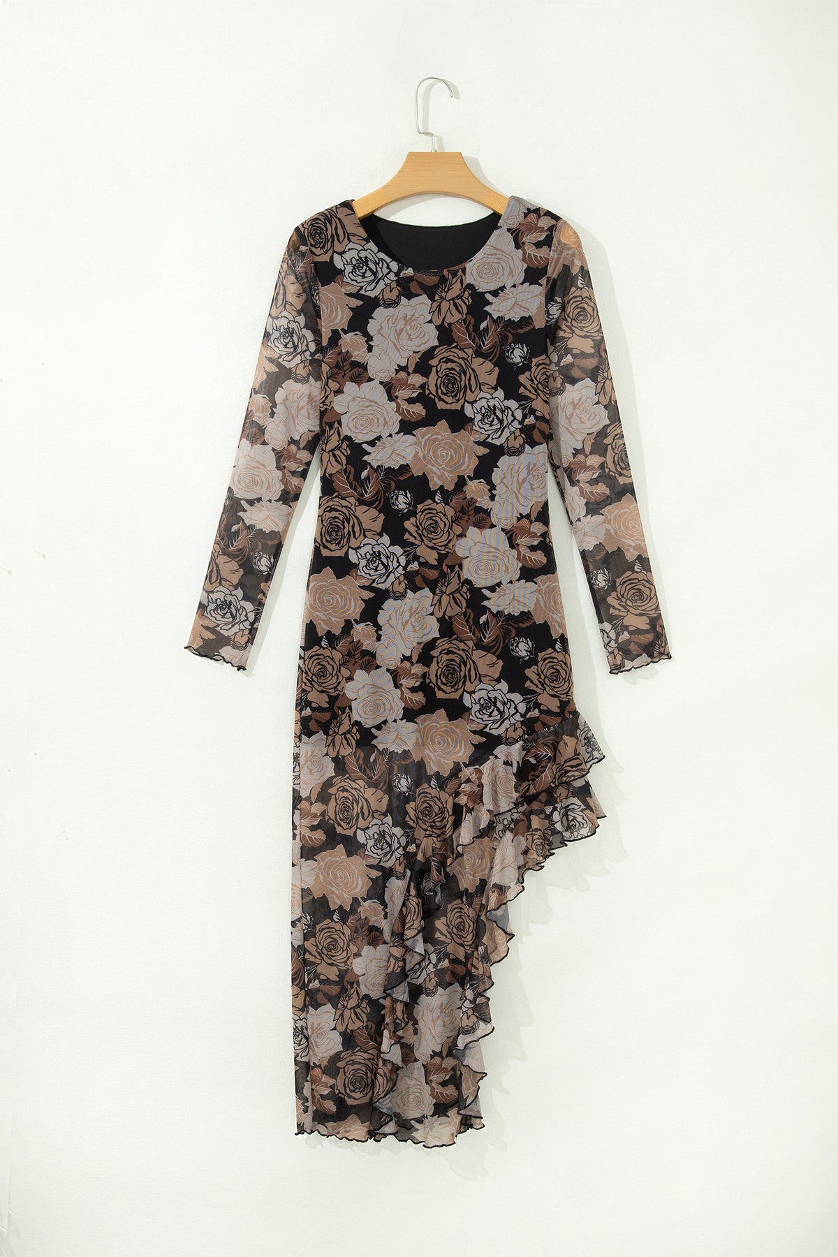 KaleaBoutique Stylish Floral Long Sleeve Asymmetric Ruffle Split Hem Mesh Dress - KaleaBoutique.com