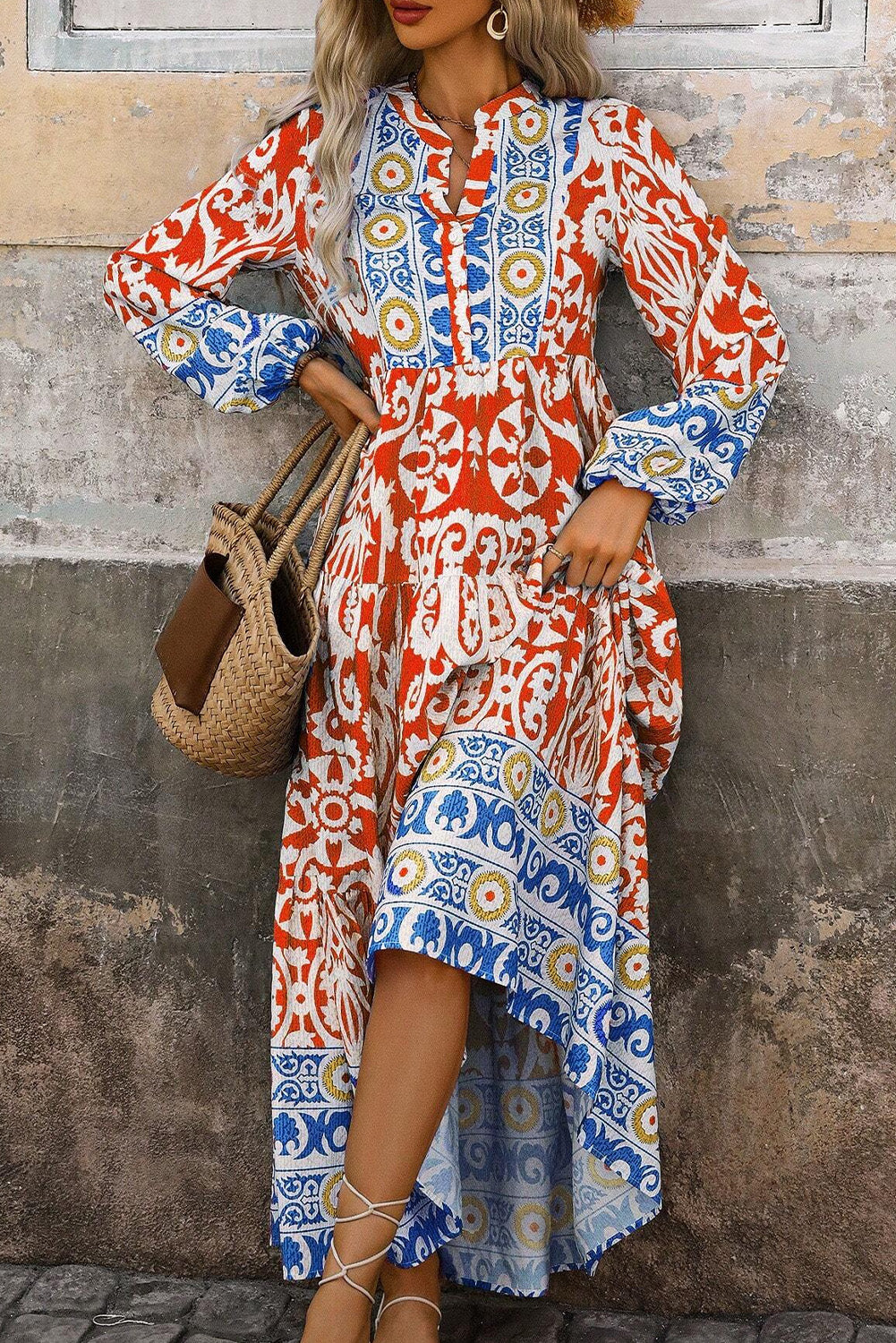 Boho Geometric Printed Long Sleeve Maxi Dress - KaleaBoutique.com
