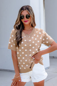 KaleaBoutique Comfortable Polka Dot Short Sleeve Button Down Sweater Cardigan - KaleaBoutique.com