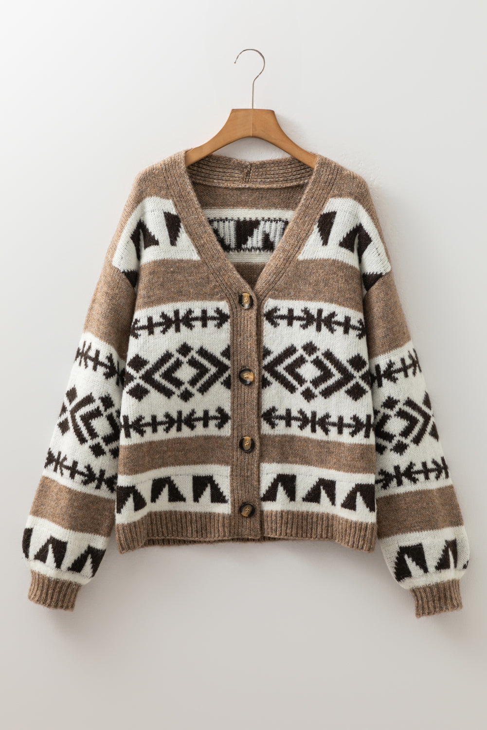 KaleaBoutique Stylish Ethnic Geometric Pattern Button Front V Neck Sweater Cardigan - KaleaBoutique.com