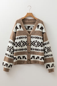 KaleaBoutique Stylish Ethnic Geometric Pattern Button Front V Neck Sweater Cardigan - KaleaBoutique.com